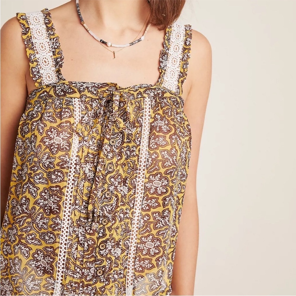 By Anthropologie Sleeveless Yellow and Brown Floral Crochet Bardot Blouse US 10 - Picture 2 of 16